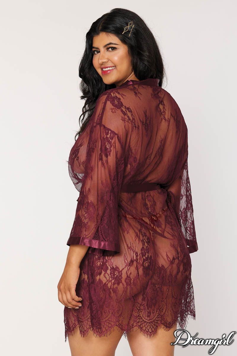 Eyelash Lace Robe-Burgundy Plus Size