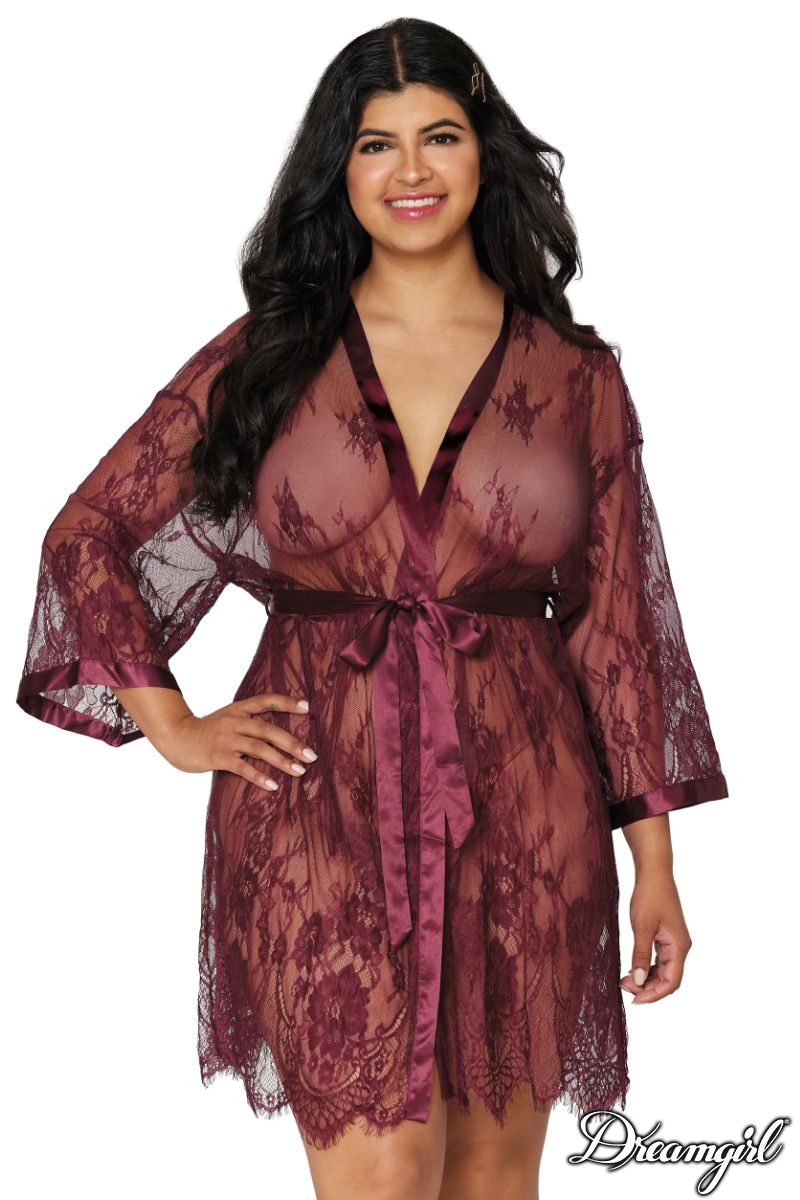 Eyelash Lace Robe-Burgundy Plus Size