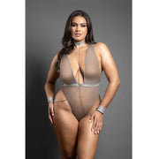 Q/S - Crotchless plunge teddy in leatherette and mesh with chain-link choker