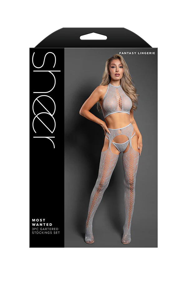 UNRAVEL ME Crotchless plunge halter teddy bodystocking