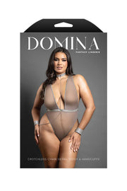Q/S - Crotchless plunge teddy in leatherette and mesh with chain-link choker