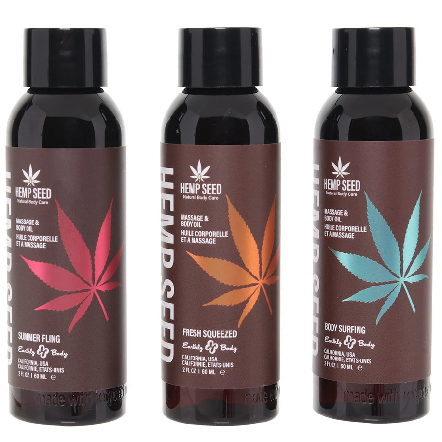 Hemp Seed Massage & Body Oil Trio Gift Set Summer 2025 includes 1 of each: 2oz Body Surfing, Fresh Squeezed, Summer Fling